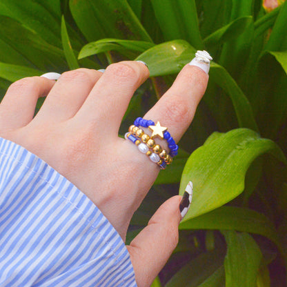 Cobalt Blue Stretchable Beaded Star Stack Ring - Gold ( Adjustable )