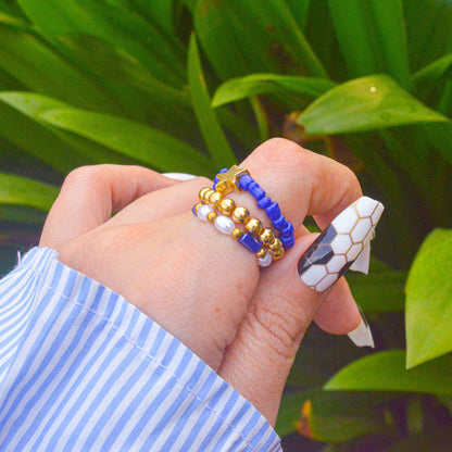 Cobalt Blue Stretchable Beaded Star Stack Ring - Gold ( Adjustable )