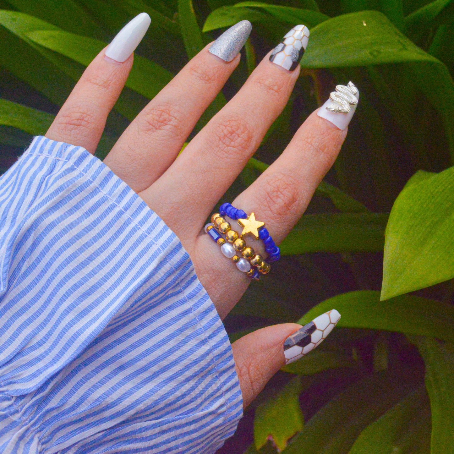 Cobalt Blue Stretchable Beaded Star Stack Ring - Gold ( Adjustable )