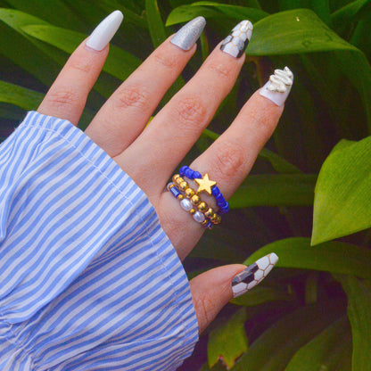 Cobalt Blue Stretchable Beaded Star Stack Ring - Gold ( Adjustable )