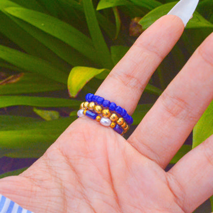 Cobalt Blue Stretchable Beaded Star Stack Ring - Gold ( Adjustable )