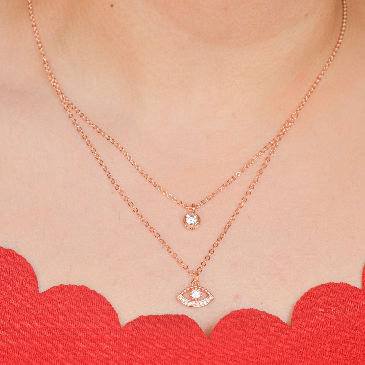 Diamond Dual Layered Necklace - Rose Gold