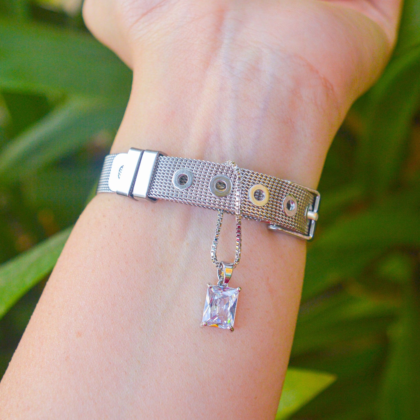 Transparent Square Solitaire Watch Charm ( Silver )