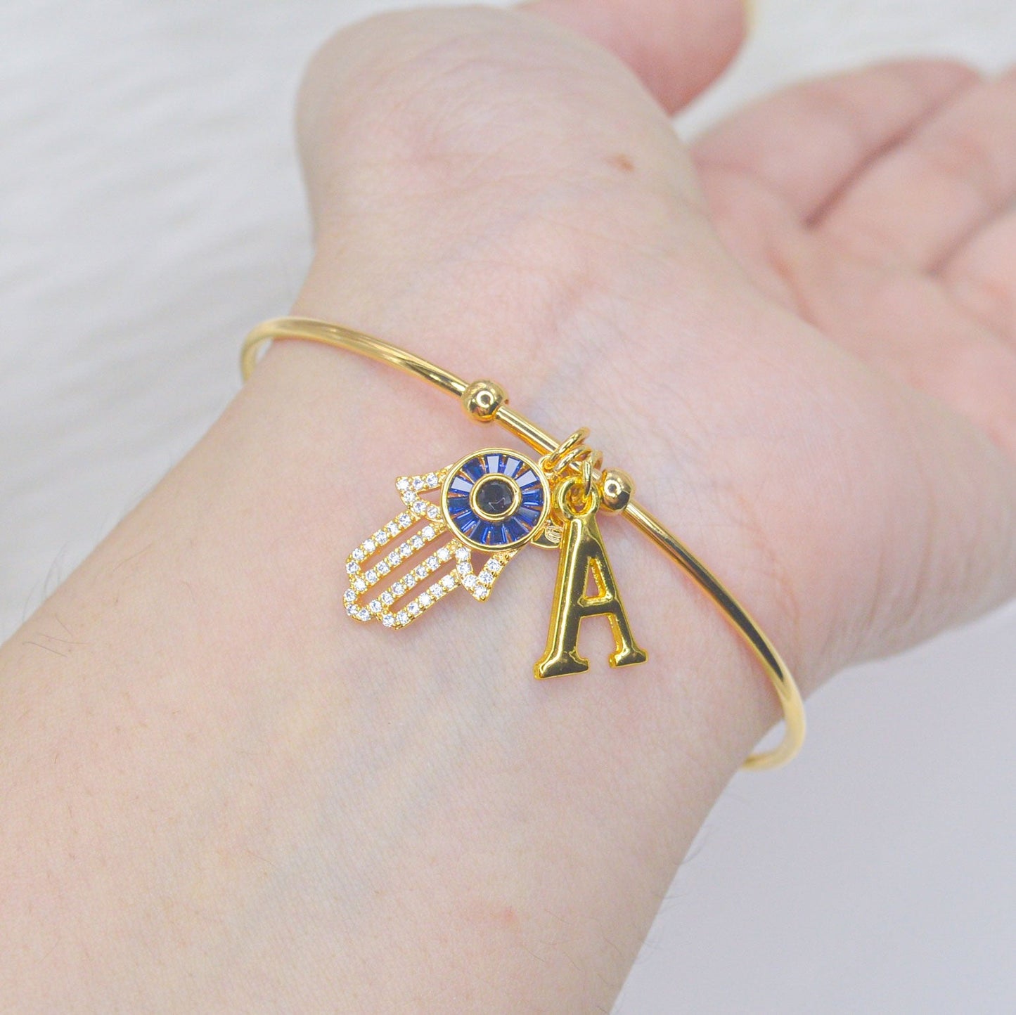 Hamsa Evil Eye Initial Bracelet ( Gold )