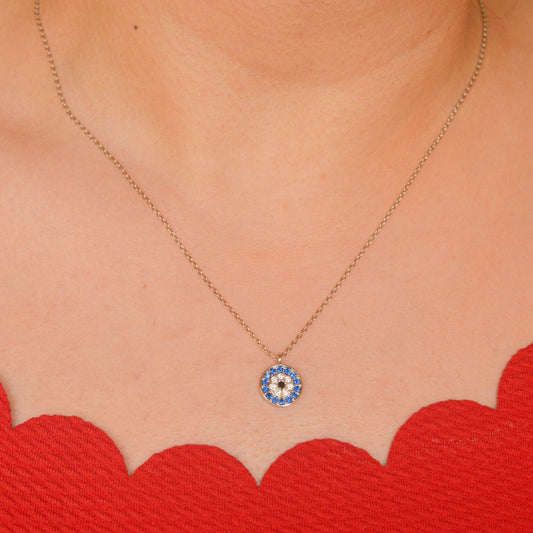 Blue Round Evil Eye Necklace - Silver