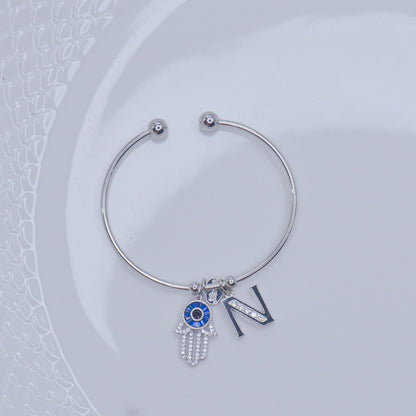 Hamsa Evil Eye Initial Bracelet ( Silver ) Unisex