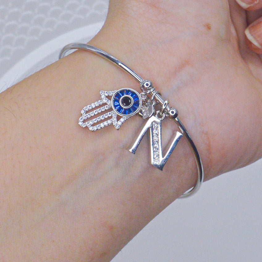 Hamsa Evil Eye Initial Bracelet ( Silver ) Unisex