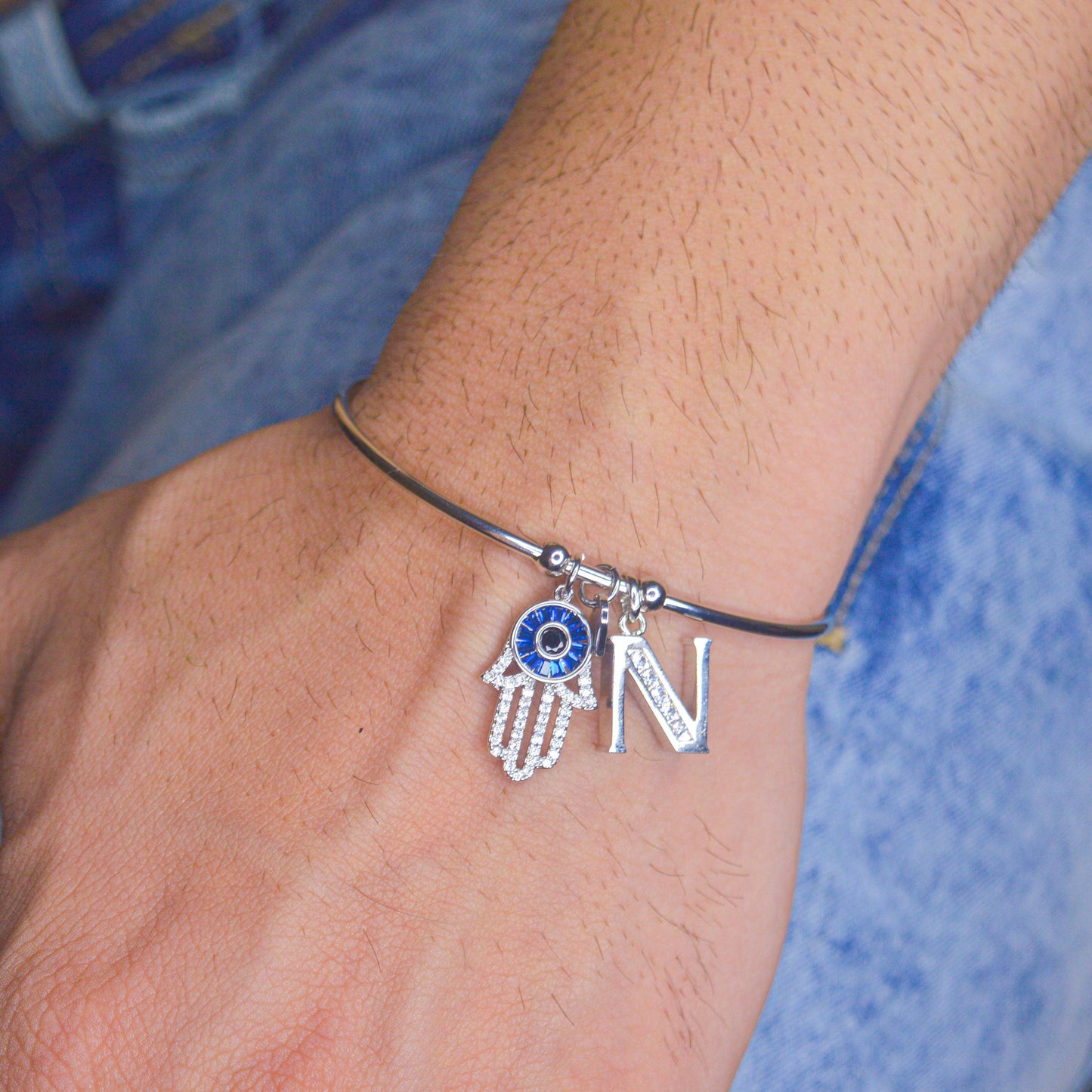 Hamsa Evil Eye Initial Bracelet ( Silver ) Unisex