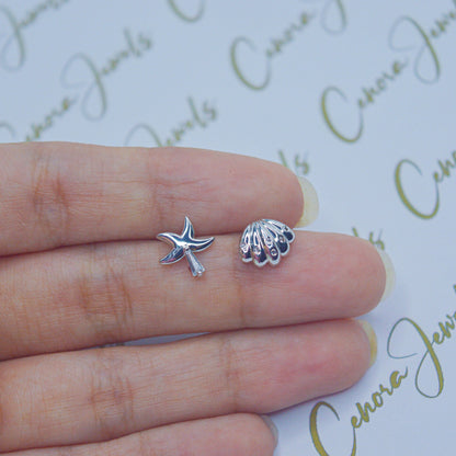 Shell Starfish Ear Studs Earrings - Silver