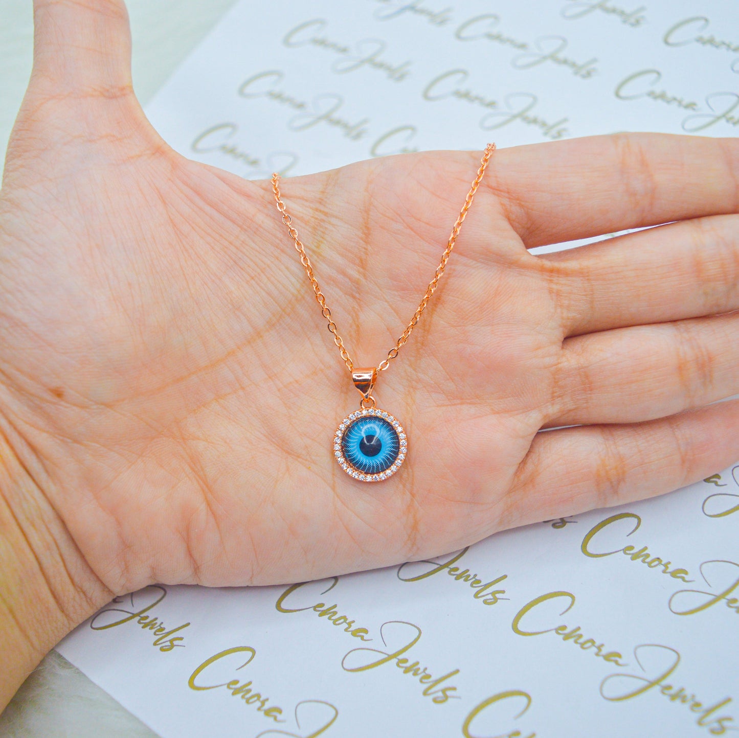 Bright Blue Iris Rose Gold Evil Eye Necklace