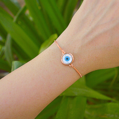 White Round Mother of Pearl Evil Eye Rose Gold Color Bracelet