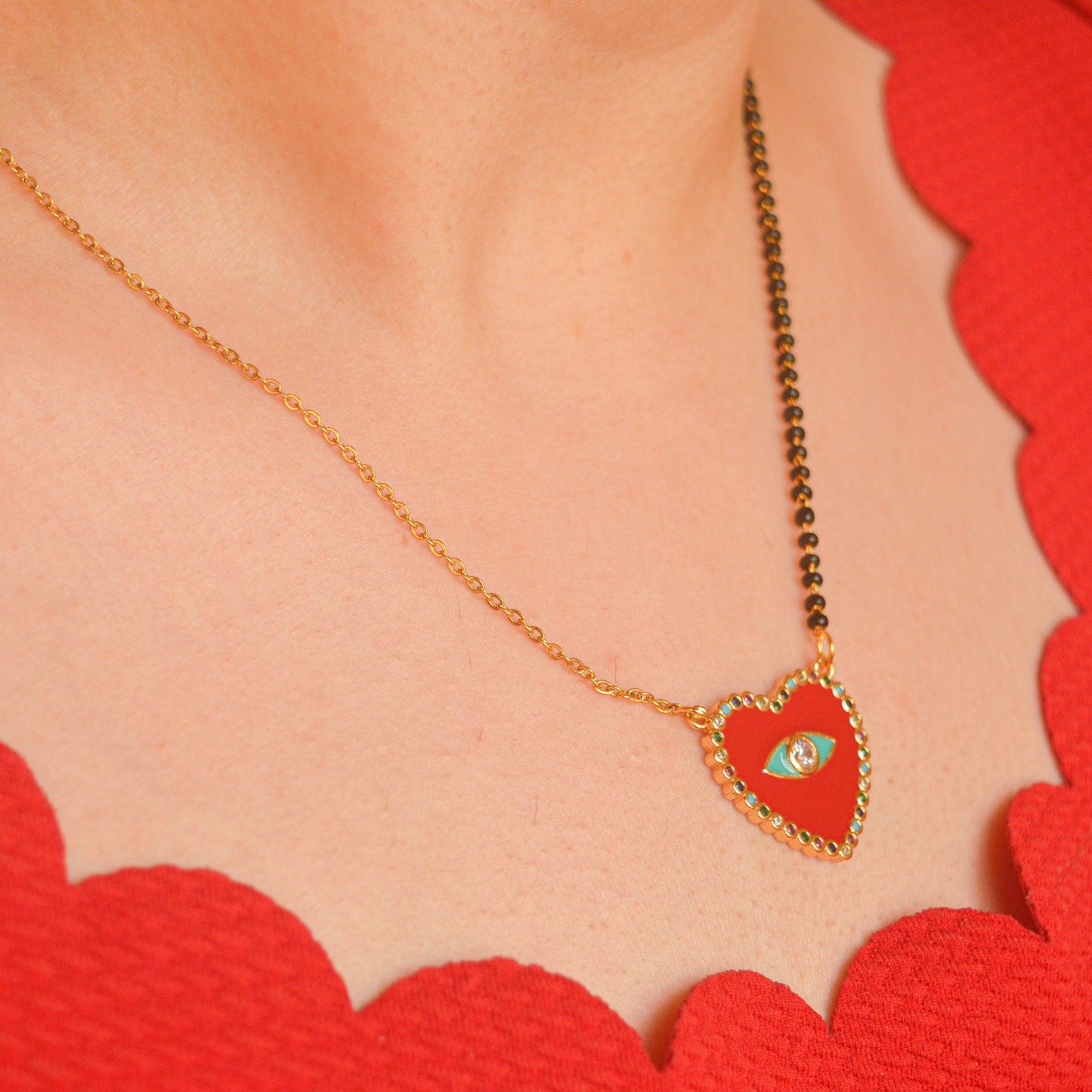 Modern Red Heart Evil Eye Necklace - Gold