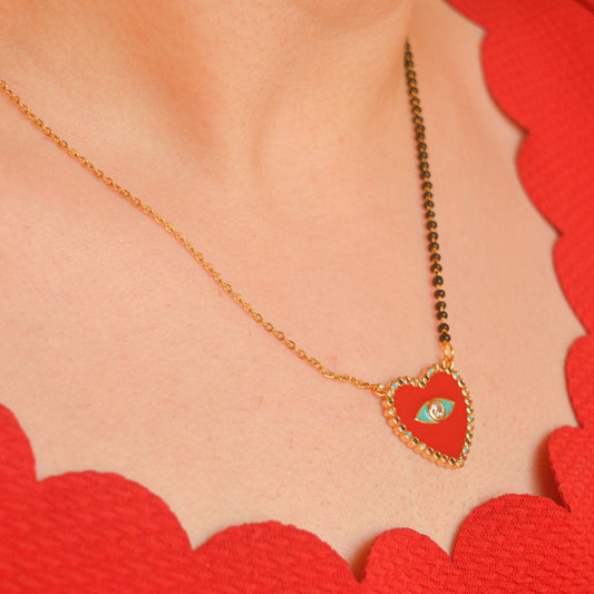 Modern Red Heart Evil Eye Necklace - Gold