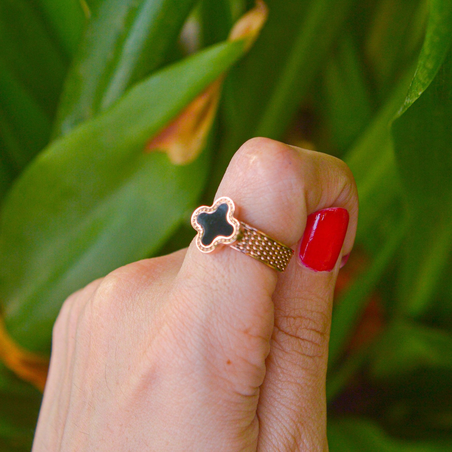 Clover Black Mesh Ring ( Rose Gold )