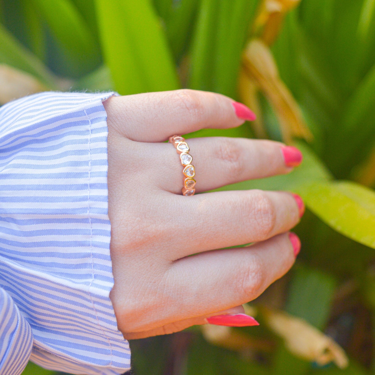 White Small Hearts Minimal Adjustable Ring ( Gold Finish )