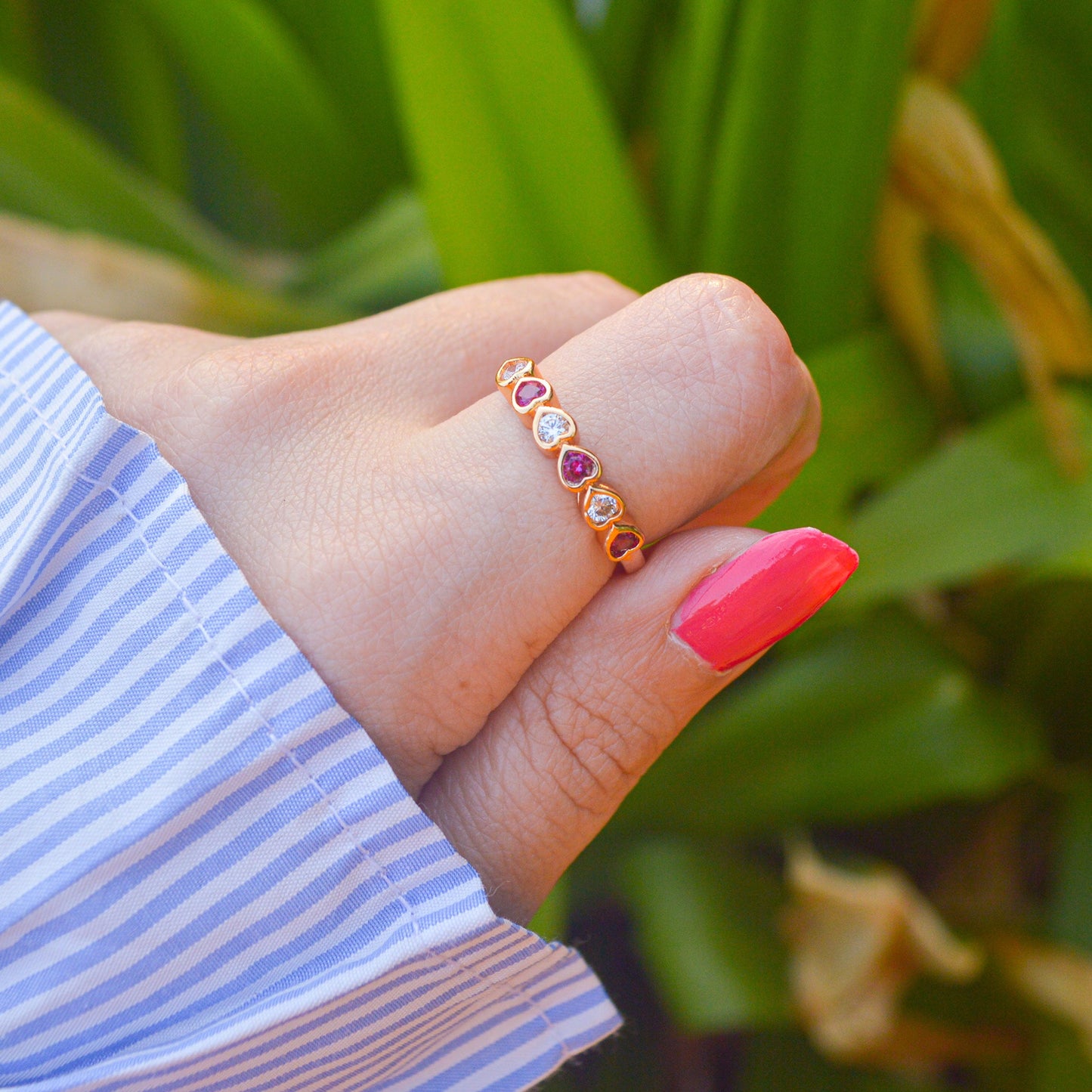 White Pink Small Hearts Minimal Adjustable Ring ( Gold Finish )