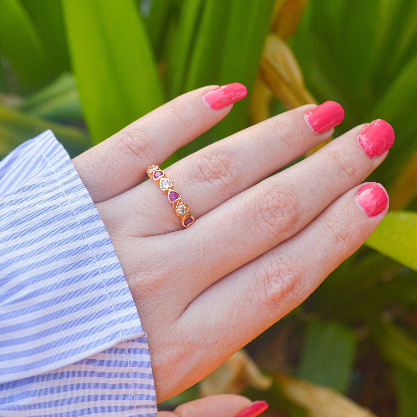 White Pink Small Hearts Minimal Adjustable Ring ( Gold Finish )