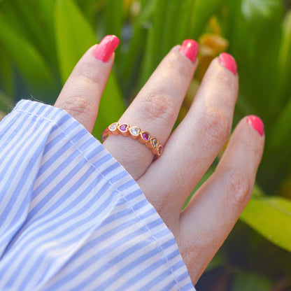 White Pink Small Hearts Minimal Adjustable Ring ( Gold Finish )