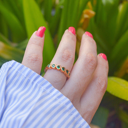 Green Emerald Small Hearts Minimal Adjustable Ring ( Gold Finish )