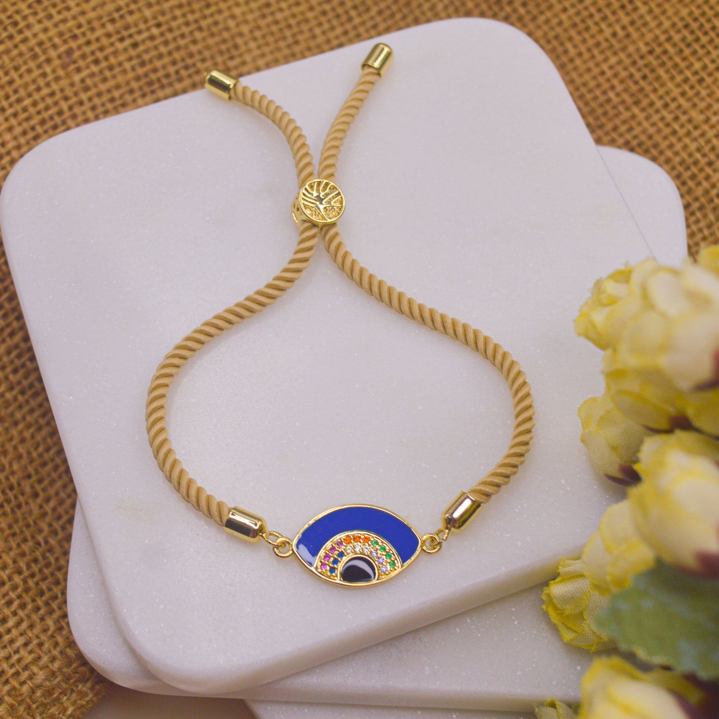 Blue Evil Eye Bracelet in Cream Band -  Gold