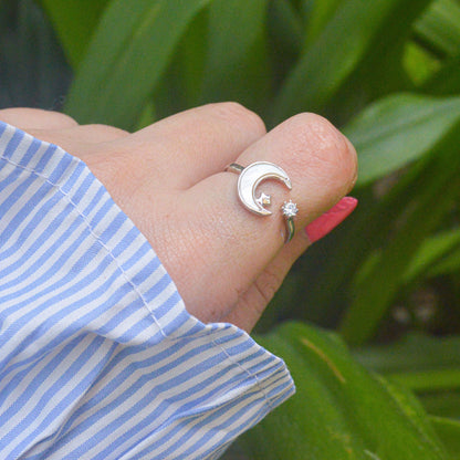 Pearl Moon Star Studded Ring - Silver Adjustable