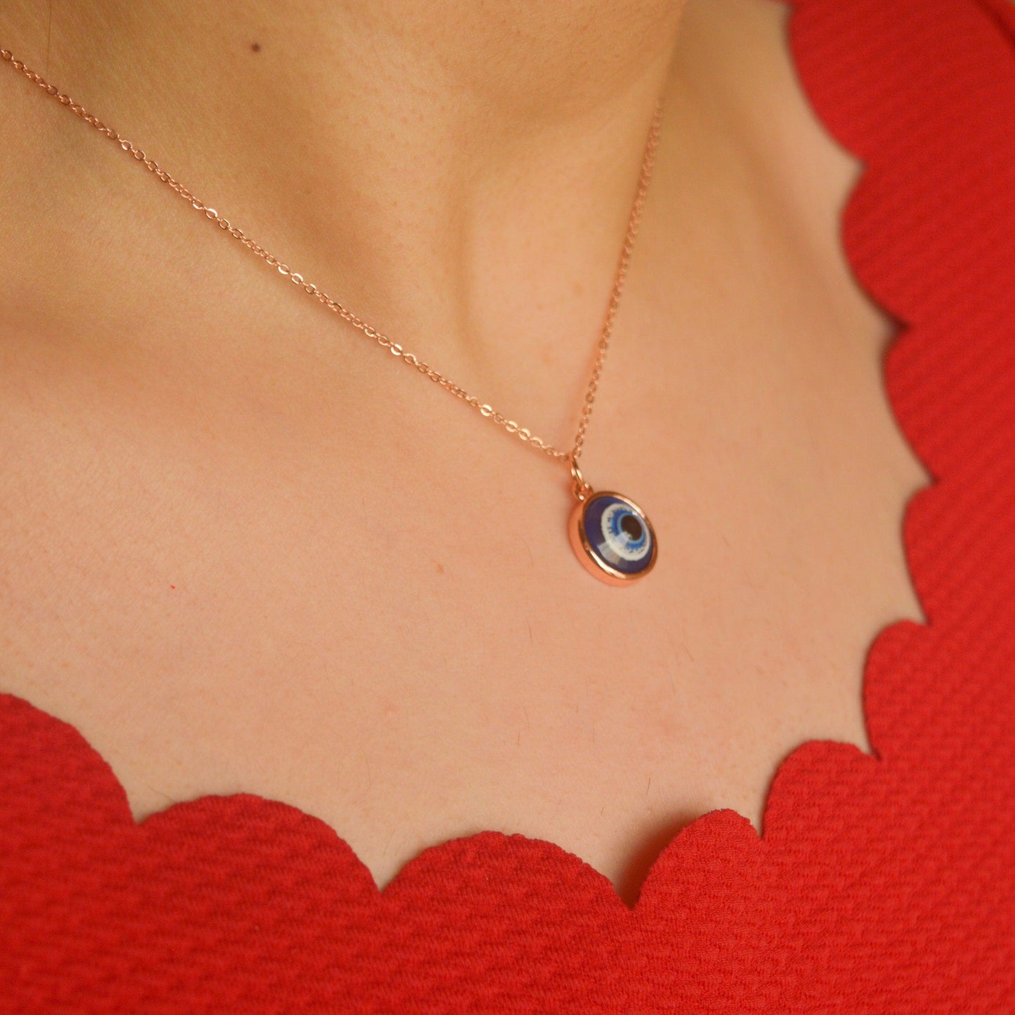 Blue White Evil Eye Necklace (Rose Gold )