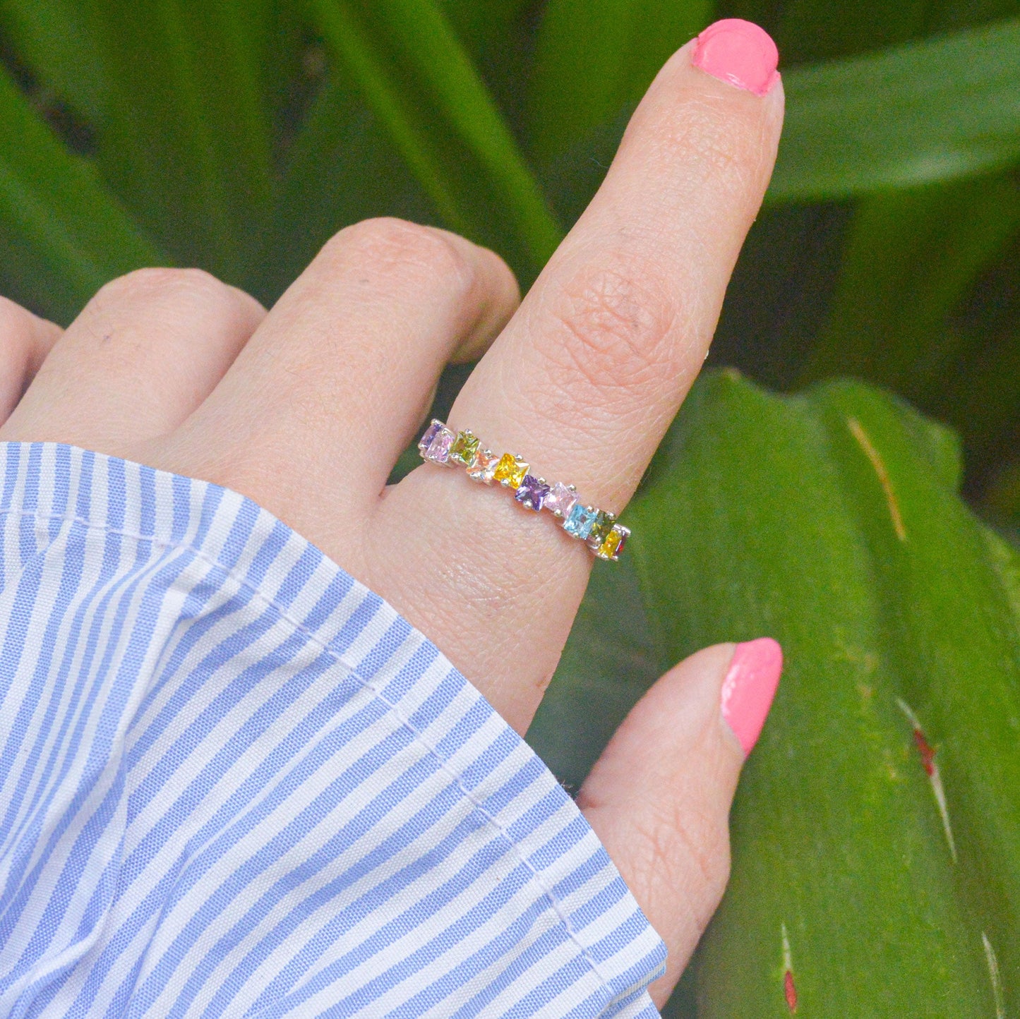 Colourful Edgy Stones Ring - Silver