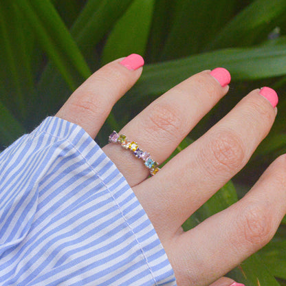 Colourful Edgy Stones Ring - Silver