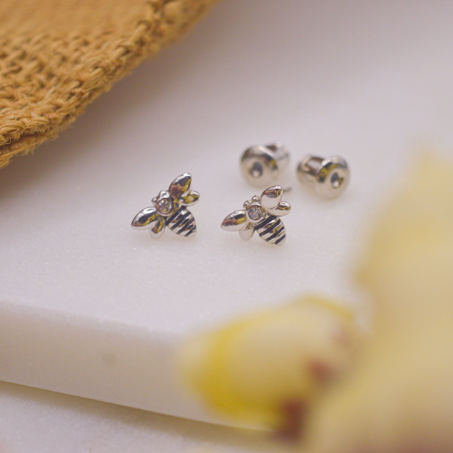 Tiny Bee Bug Ear Studs Earrings - Silver