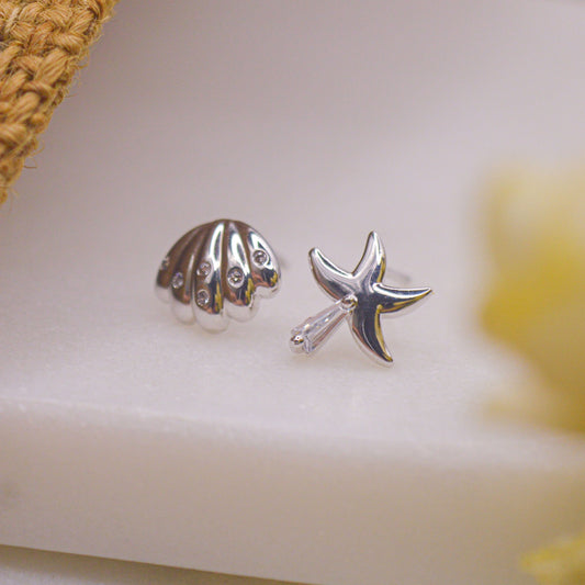 Shell Starfish Ear Studs Earrings - Silver