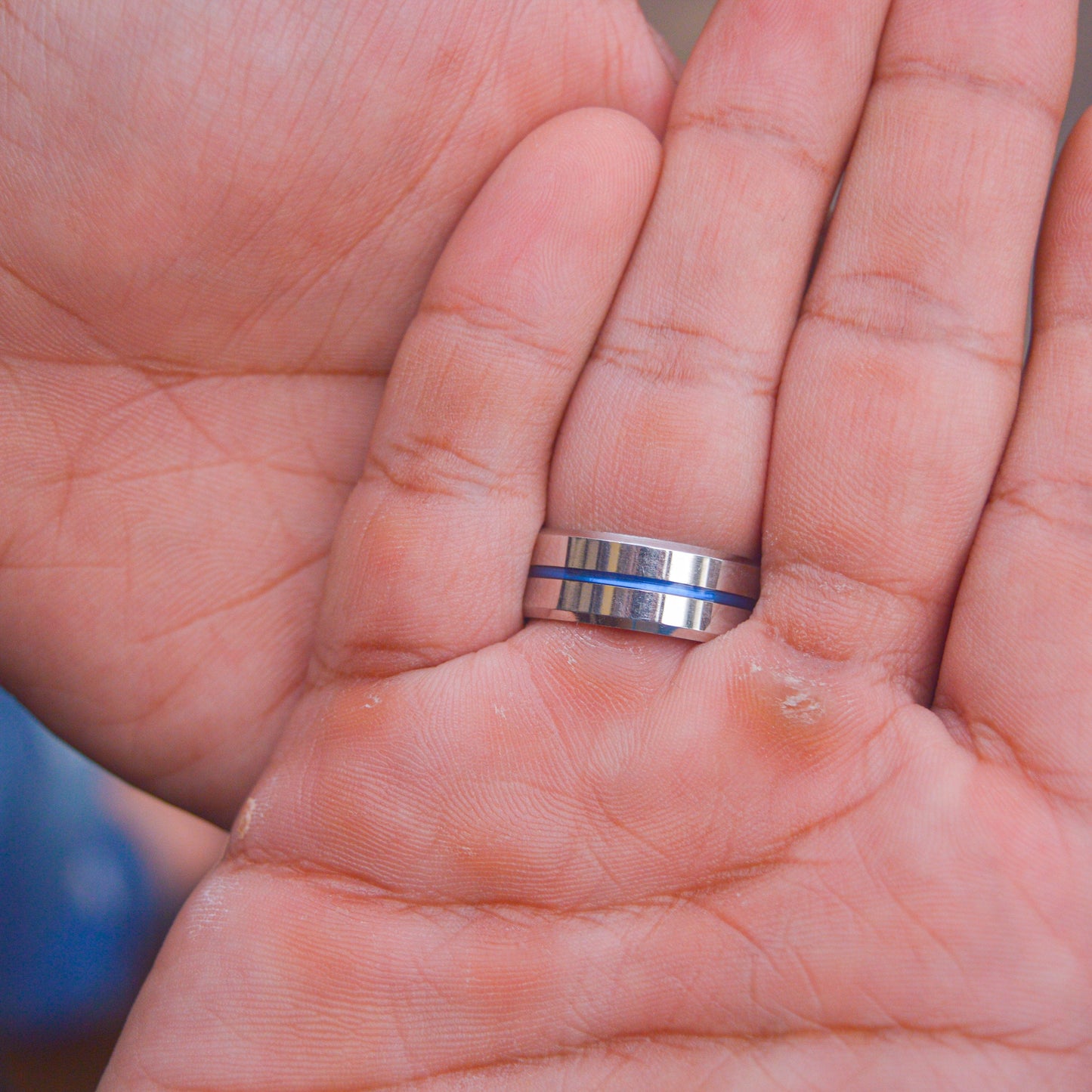 Men Blue Cut Silver Promise Ring