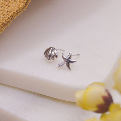 Shell Starfish Ear Studs Earrings - Silver