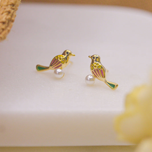 Baby Bird Leaves and Studs Colourful Earrings Ear Studs ( Set of 3 ) - Gold