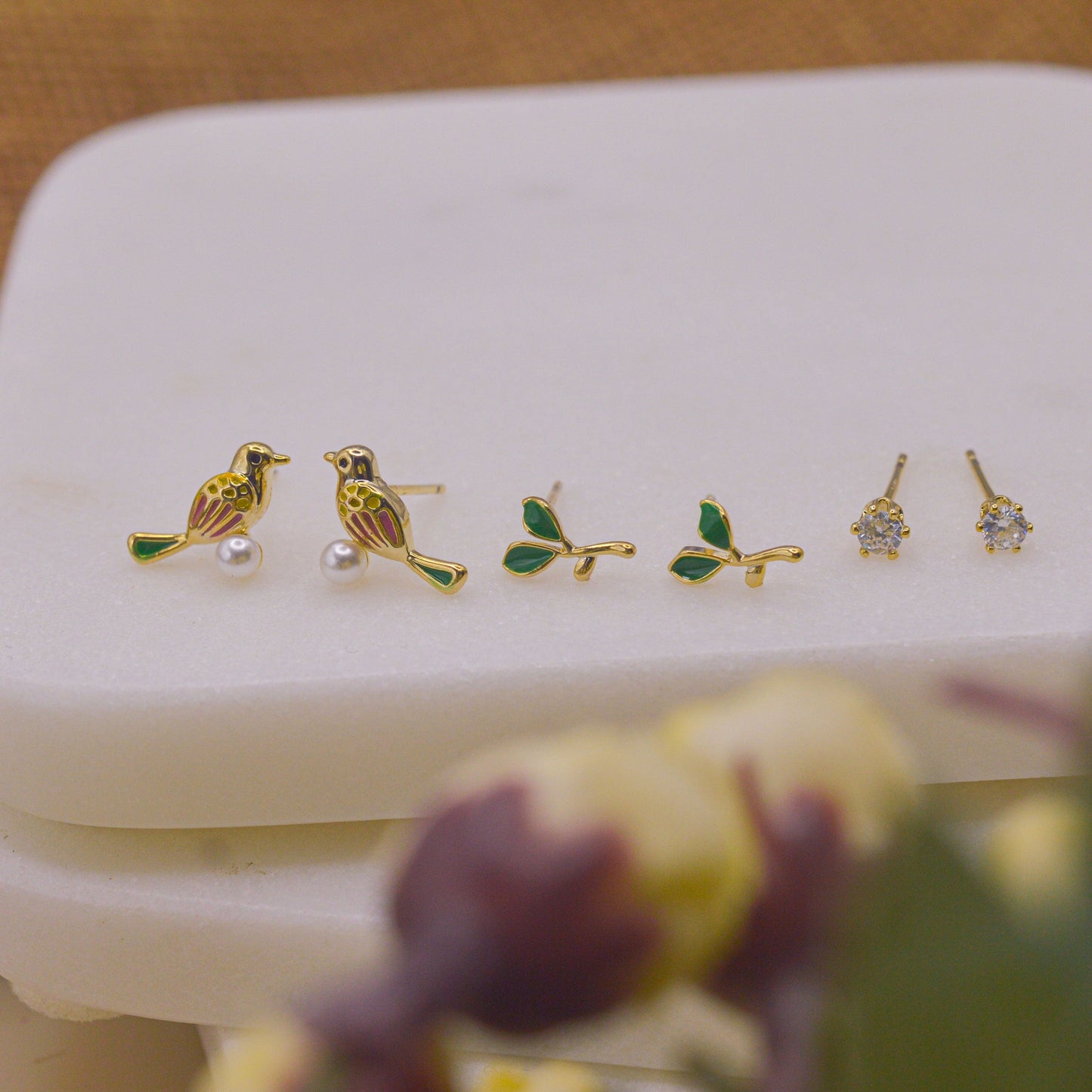 Baby Bird Leaves and Studs Colourful Earrings Ear Studs ( Set of 3 ) - Gold