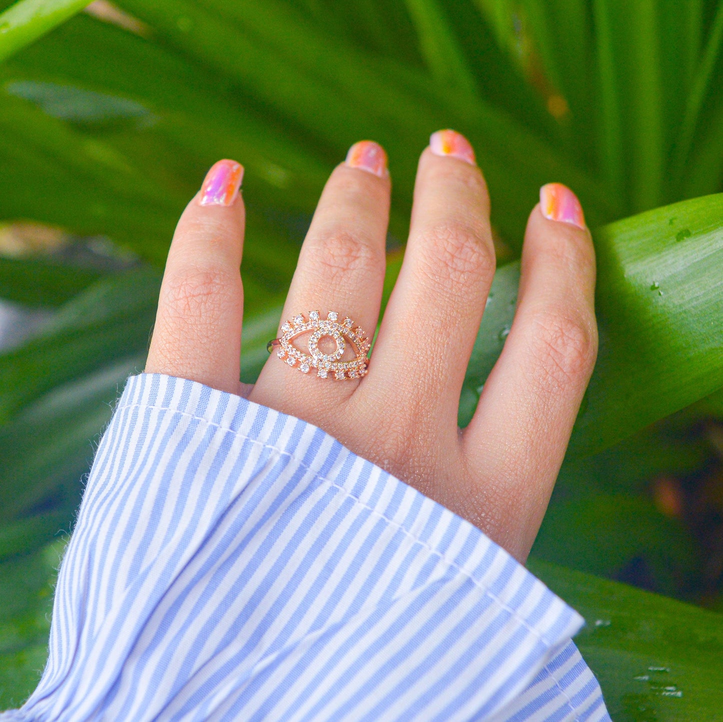 Rose Eyelashed Evil Eye Ring  ( Rose Gold )