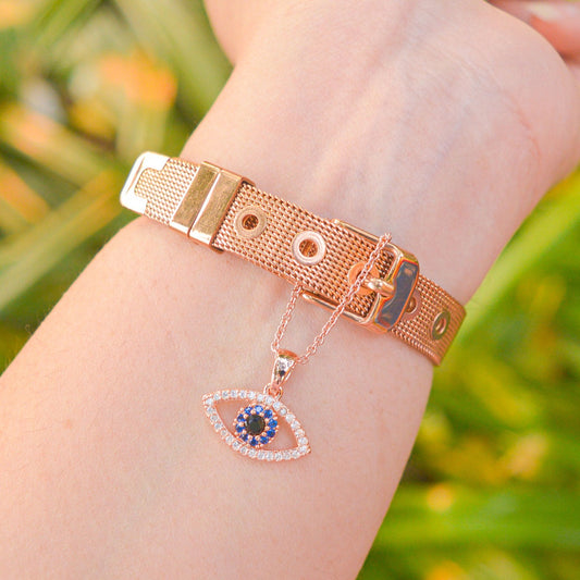 Sapphire Onyx Evil Eye Watch Charm ( Rose Gold )