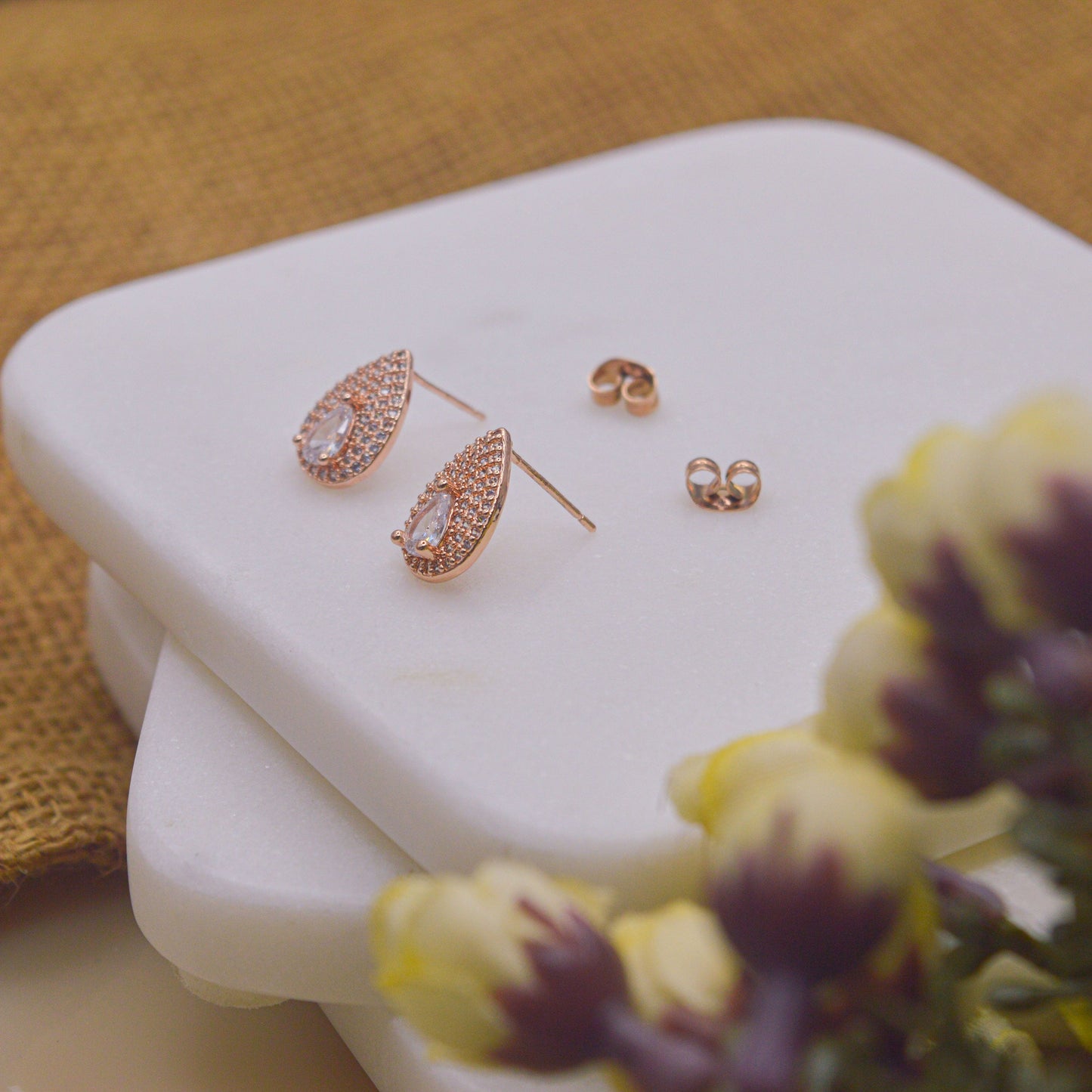 Drop Shape Studded Diamond Earrings Ear Studs - Rose Gold