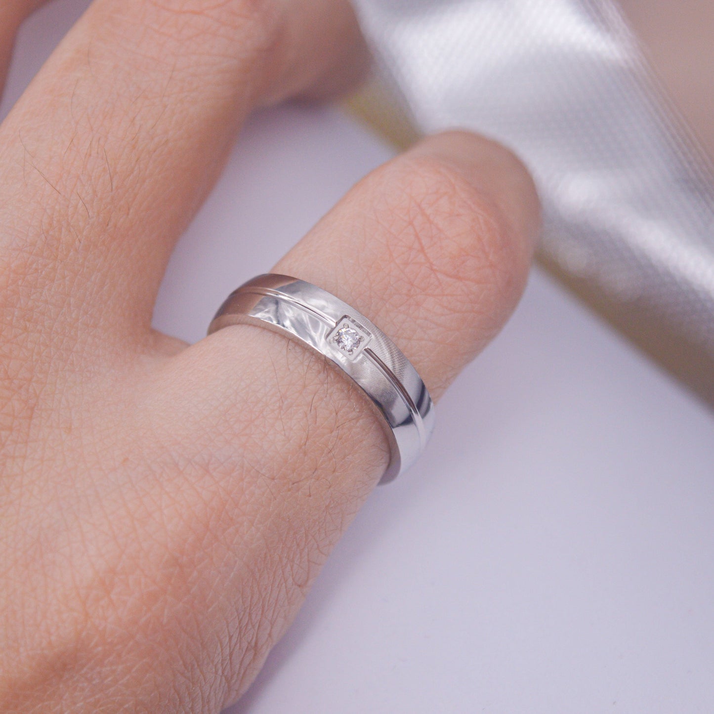 Silver Toned Diamond Couple Band / Men Promise Ring