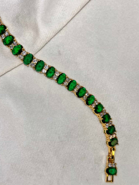 Green Emerald Tennis Bracelet with Loaded Diamonds - Gold Plated