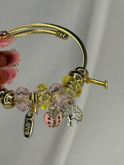 Pink Bug Tree Charms Bracelet With Customised Initial ( Gold)