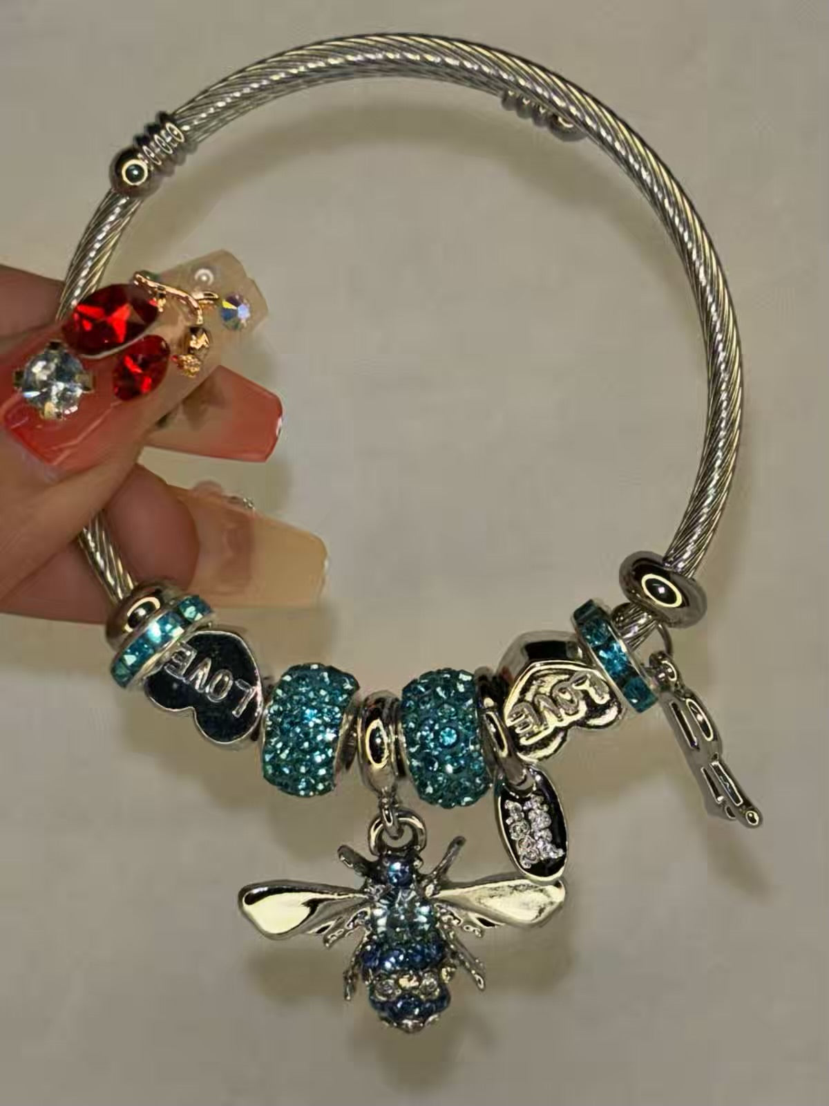 Charms Blue Bee Bracelet With Customised Initial  ( Silver )