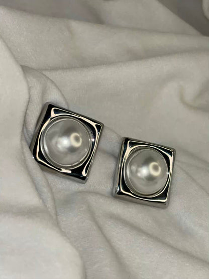 Silver Box Pearl Earrings Studs - Silver Plated