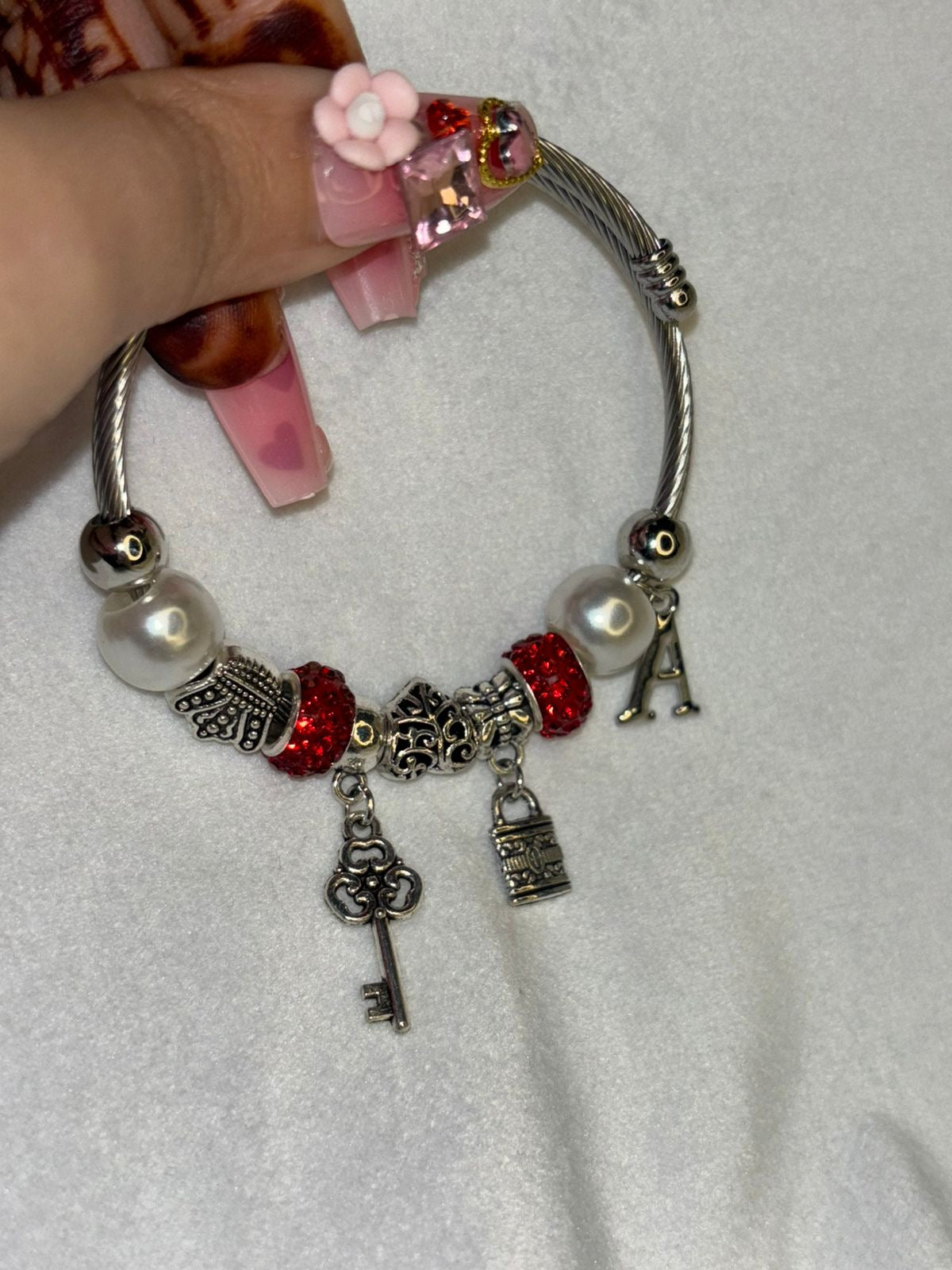 Charms Red Pearl Lock Key Bracelet With Customised Initial ( Silver )