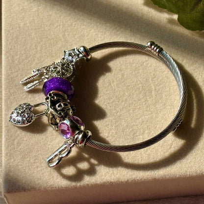 Purple Heart Dreamcatcher Charms Bracelet With Customised Initial ( Silver )