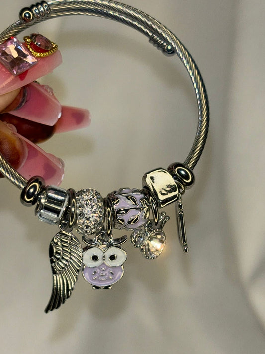 Charms Purple Owl Bracelet With Customised Initial ( Silver )