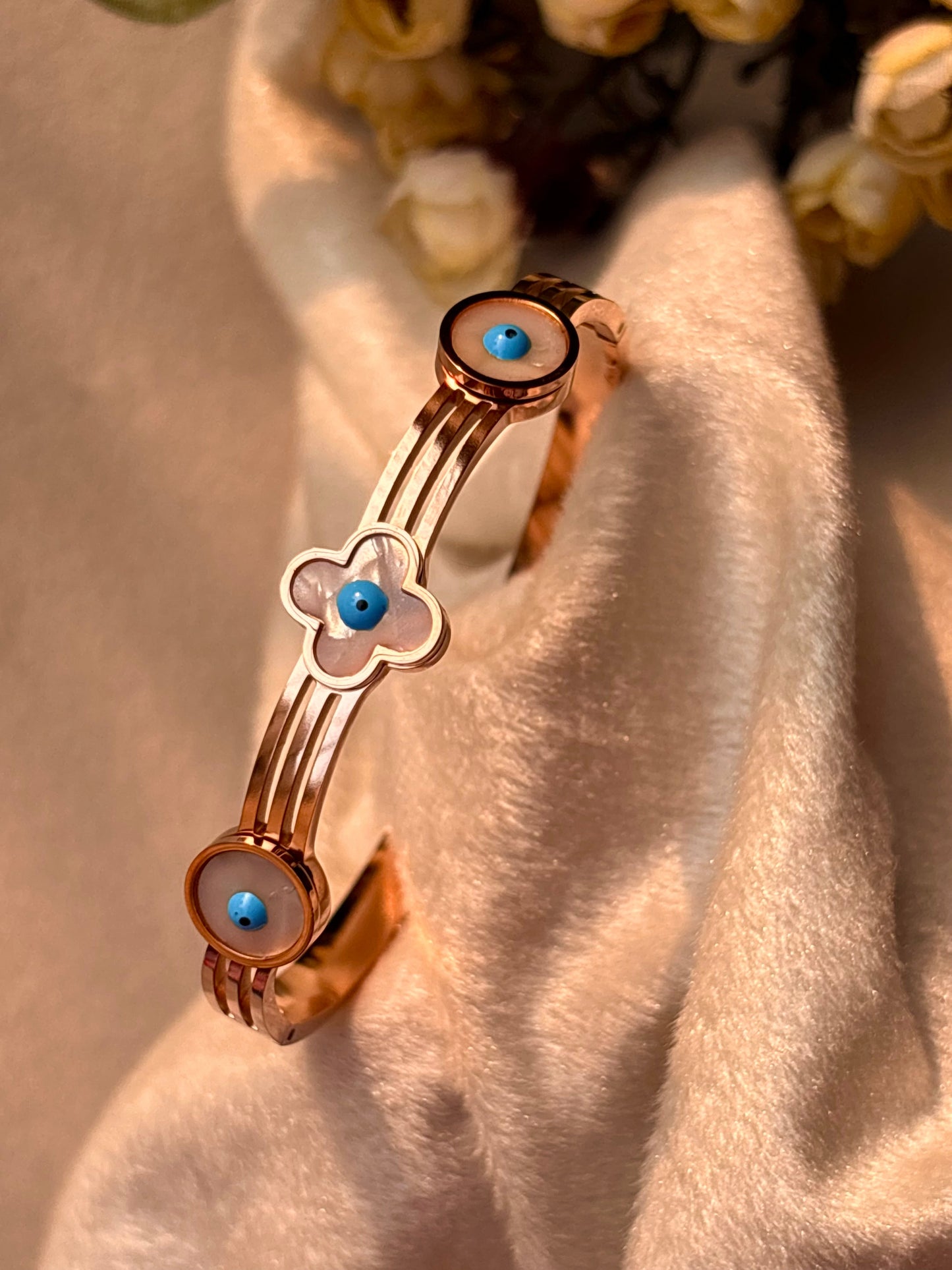 Clover Evil Eye Bracelet Bangle - Rose Gold