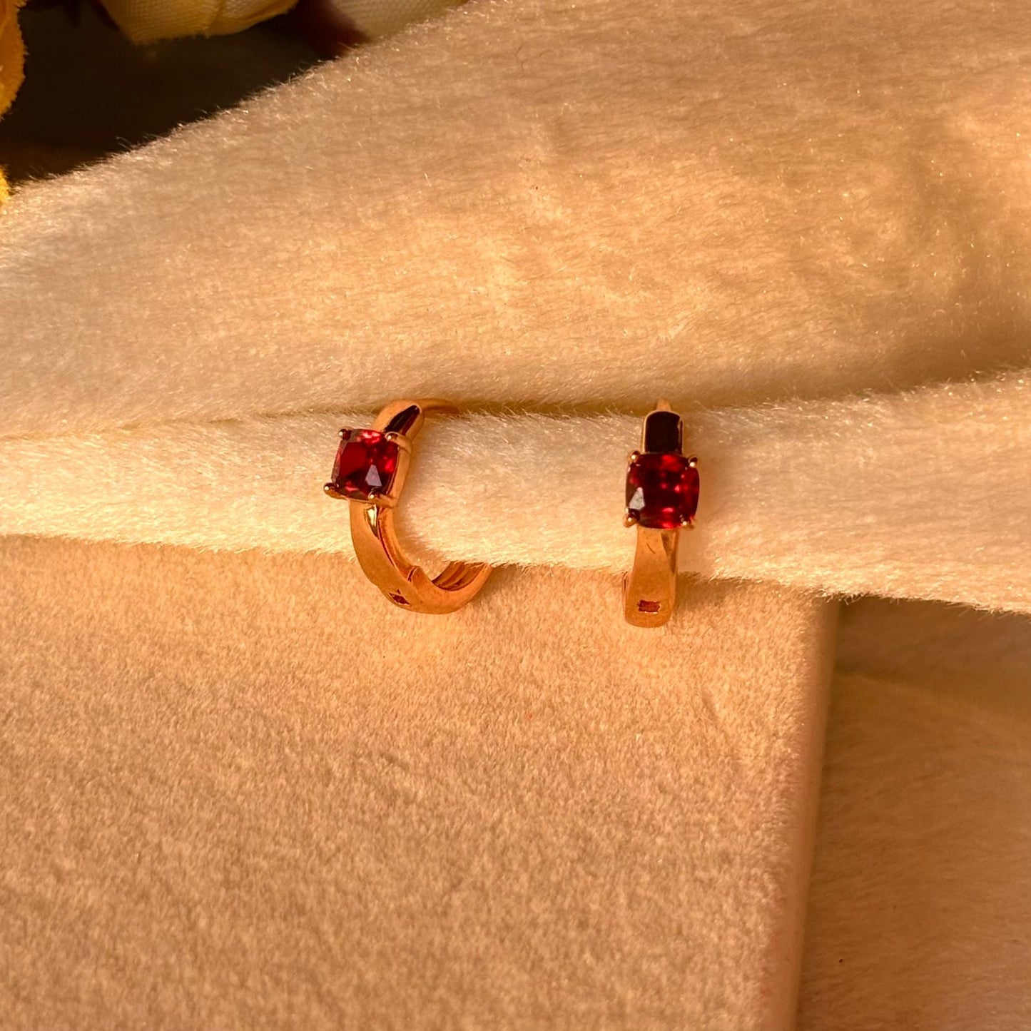 Red Solitaire Tiny Bali Earrings  - Gold Plated