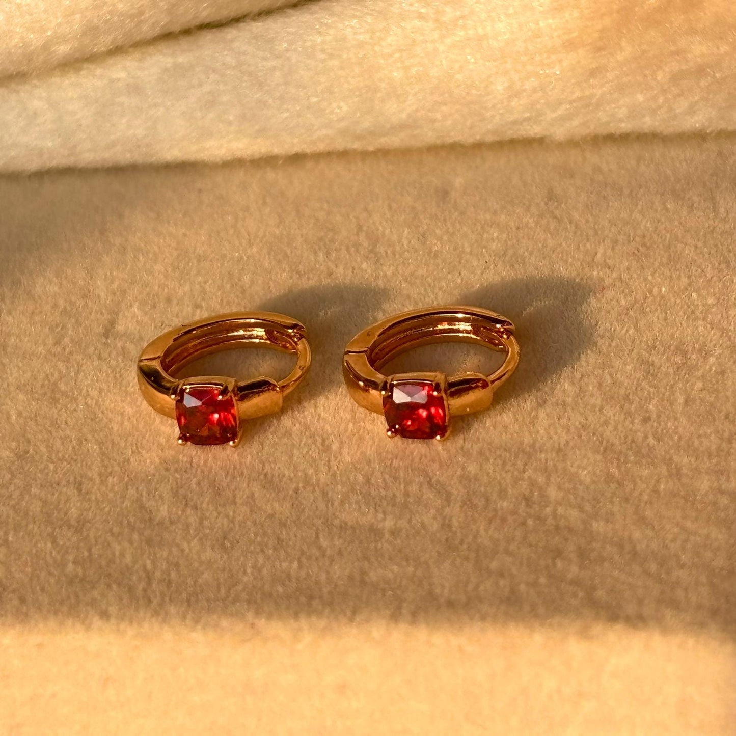 Red Solitaire Tiny Bali Earrings  - Gold Plated