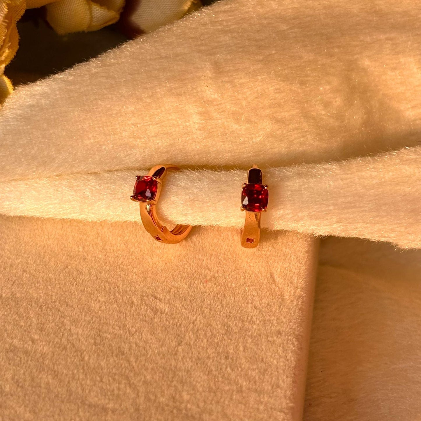 Red Solitaire Tiny Bali Earrings  - Gold Plated