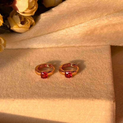 Red Solitaire Tiny Bali Earrings  - Gold Plated